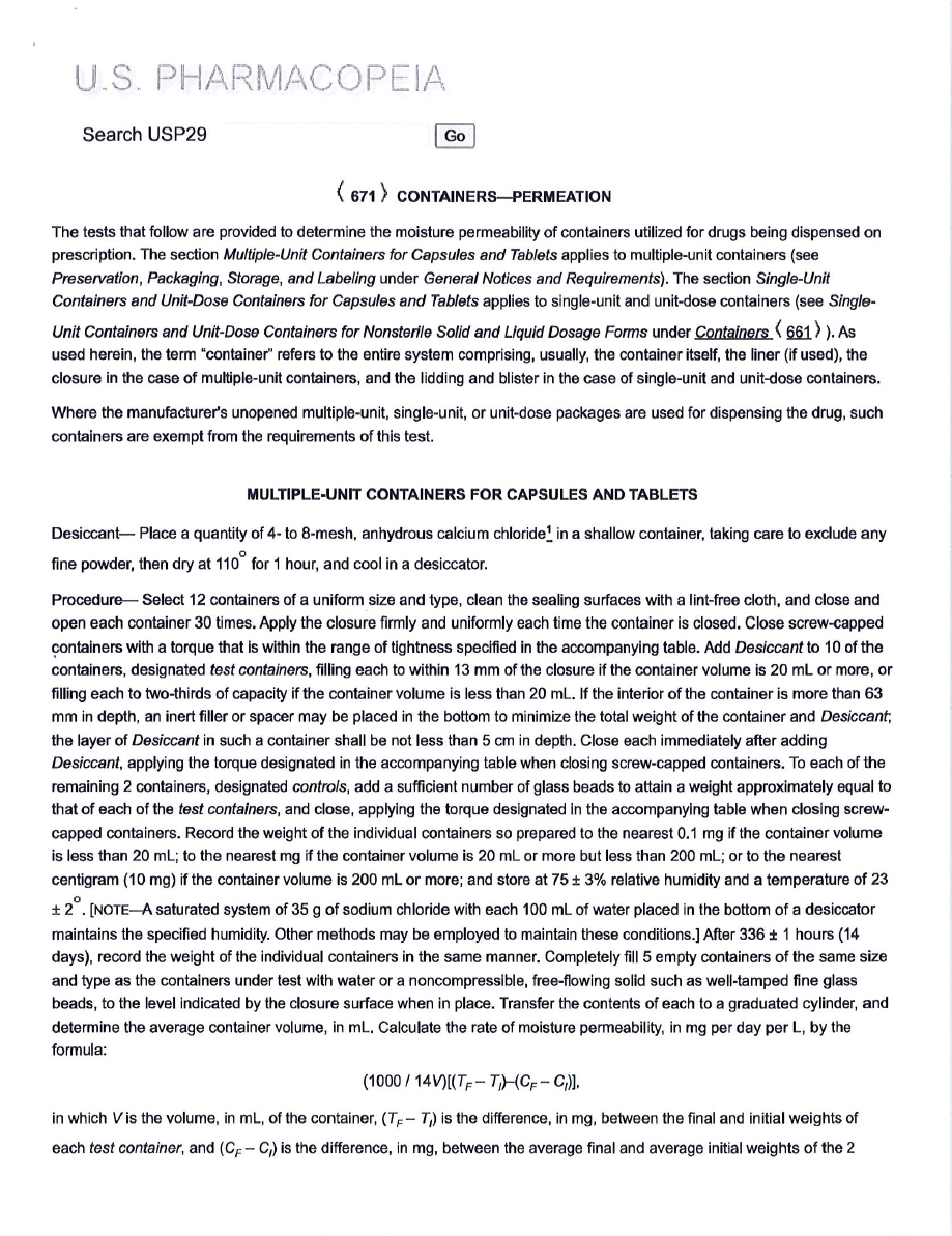US Pharmacopeia page detailing moisture permeability tests for drug containers, including procedures and formulas.