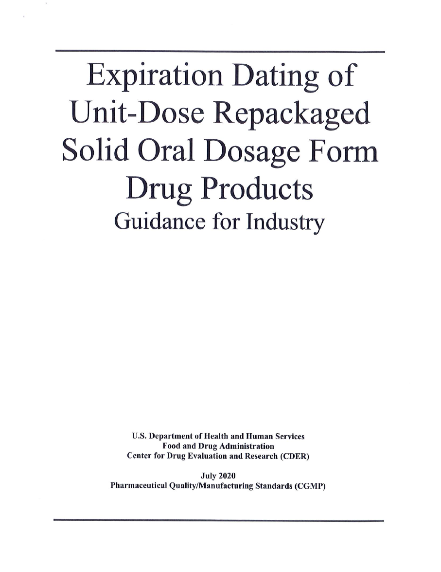 FDA guidance document on expiration dating of unit-dose oral drug products, July 2020.