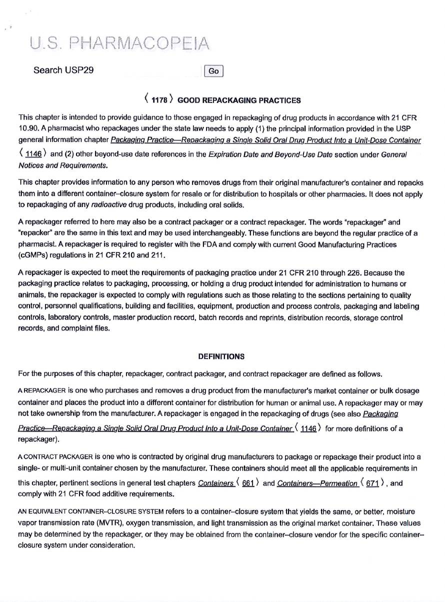 Document titled Good Repackaging Practices by U.S. Pharmacopeia, outlining guidelines for drug repackaging.