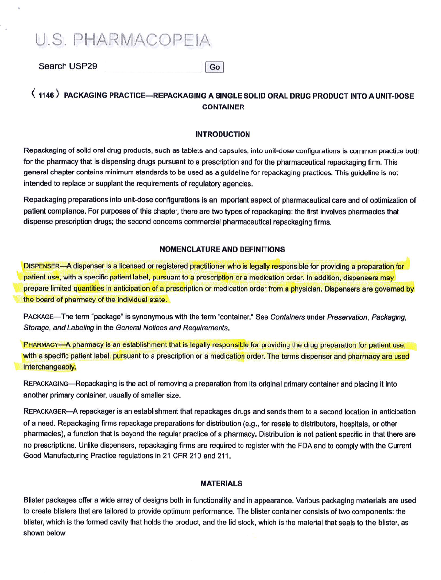 Alt text: USP29 repackaging guidelines for single solid oral drugs into unit-dose containers, highlighting dispenser roles.