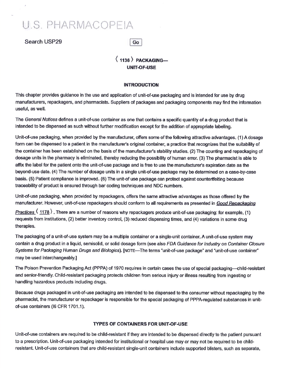 U.S. Pharmacopeia document on unit-of-use packaging guidance for drug manufacturers and pharmacists.