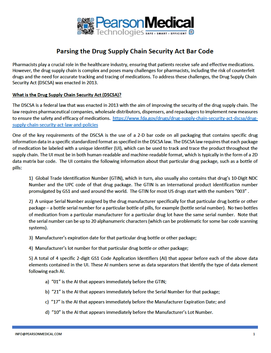 Document on the Drug Supply Chain Security Act by Pearson Medical Technologies, detailing bar code requirements.