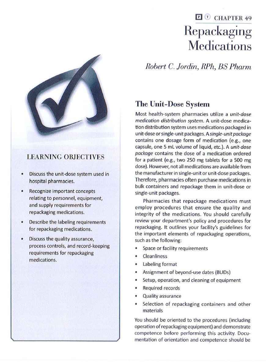 Alt text: Chapter on repackaging medications includes learning objectives and the unit-dose system overview.